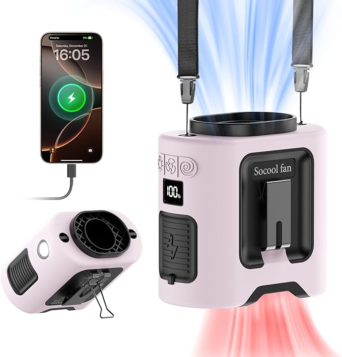 Socool 14500mAh Portable Waist Fan with 360 Rotation, Rechargeable Mini Personal Clip On Belt Shirt Fan 67Hrs Cooling Wearable Hanging Neck Fans with 5 Speeds & LED Light For Outdoor Working Jobsite