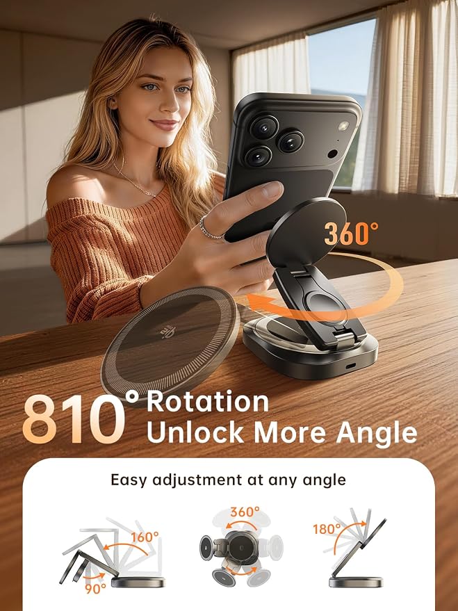3-in-1 Foldable Qi2.2 25W Magnetic Wireless Charger Stand for iPhone Black | 360° Rotatable Charging Station for Airpods & Apple Phone Watch Earbuds for Travel Desk Home (No Adapter)