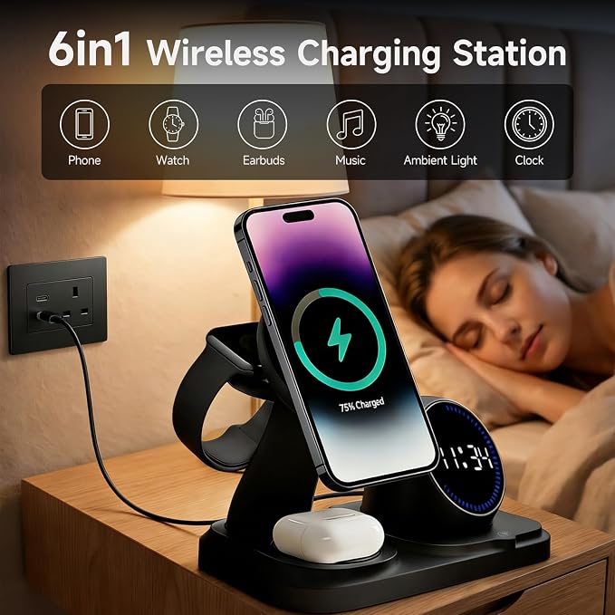 6 in 1 Wireless Charger Charging Station : Compatibility for iPhone 17 16 15 14 13 Pro Max Apple Watch, Charger Stand for Apple Devices, with Wireless Speaker and Digital Clock Ambient Lights (Black)