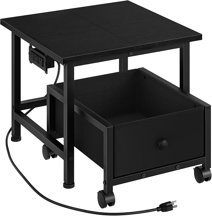HOOBRO Mini Fridge Stand with Non-Woven Storage Basket and Power Outlet, Mini Fridge Cabinet with Wheels and Adjustable Feet, Mobile Fridge Shelf, for Home, Apartment, Dorm, Black BB355UBX01