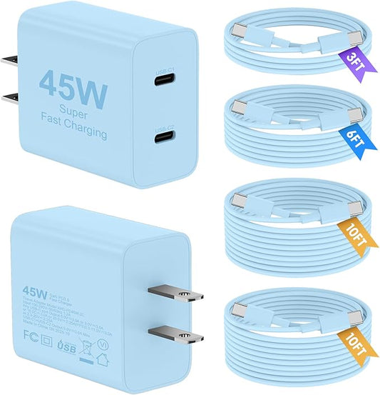 Super Fast Samsung Charger Type C, 2Pack 45W Dual Port USB C Fast Charger Block with Long 60W 3/6/10/10FT USB C to C Cable for Samsung Galaxy S25/S25 Ultra/S25+/S26/S24 Ultra /S24+/S23/iPhone 17- Blue