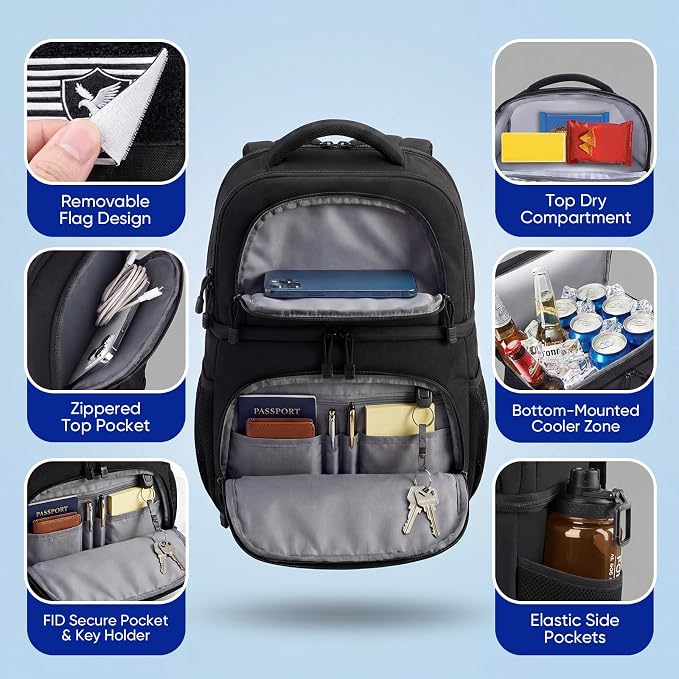 Backpack Cooler Insulated Lunch Bag, Double-Deck Leakproof Compartments Coolers Bag, 16-Can Capacity, RFID Pocket, Molle-Style Organizer, Lightweight for Work, Office, Travel, Hiking (Black)