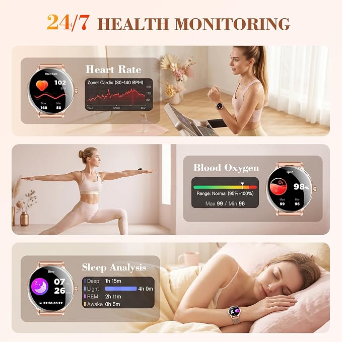 WalkerFit Smart Watches for Women, 1.32" AMOLED Curved Screen Fitness Tracker, Bluetooth Call for Android and iPhone, IP68 Waterproof Smartwatch, Wireless Charging, Heart Rate Tracker Rose Gold