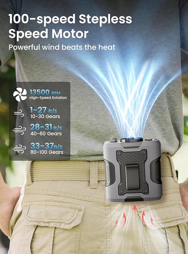 Koonie Portable Waist Clip on Fan for Shirt, Wearable Belt Personal Cooling Fan with 100 Levels of Speeds, Rechargeable Battery Supports 24H Working Time, Under-shirt Fan for Outdoor Work, Travel