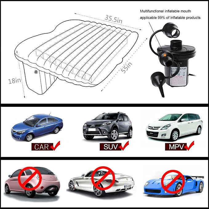Car Bed - Camping Mattress for Car - Portable Travel Sleeping Bed Inflatable Mattress - Air Bed for Car Universal SUV Extended Air Couch with Two Air Pillows - Black
