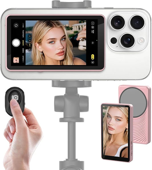 Henrety Wireless Vlog Selfie Monitor Screen for iPhone & Android, Bluetooth Remote, 180° Flip, Magnetic Stand, Wide Screen Mode, Rear Camera Live View for TikTok & YouTube (Pink)