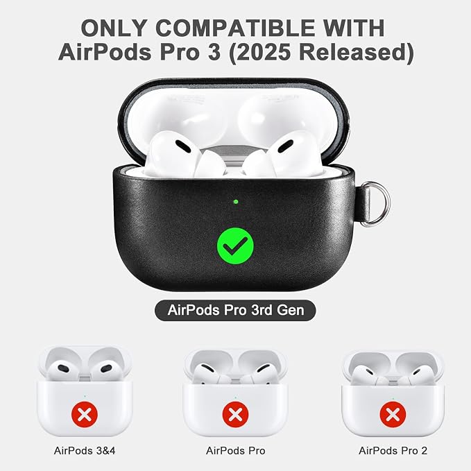 ICARER AirPod Pro 3 Case with Strap, 100% Geniune Leather Case, Handmade Top Grade Vintage Cover, Shockproof Protective Wireless Charging Cover, Compatible with AirPod Pro 3 2025 Model (Black)