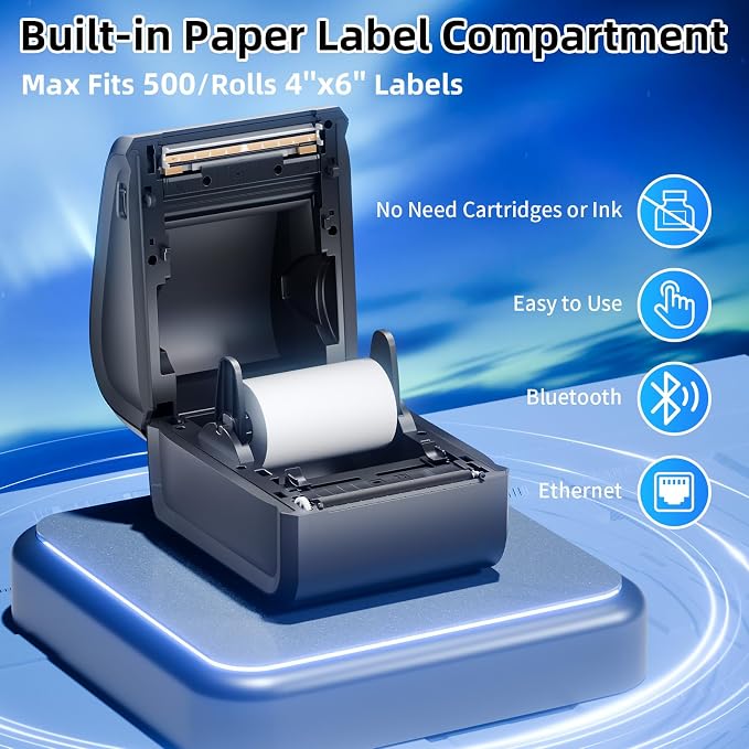 Bluetooth Thermal Label Printer 4x6, Ethernet Shipping Label Printer, D550 Pro Wireless Thermal Labels Printers for Small Business,Office, Home,Support Bluetooth/Ethernet/USB