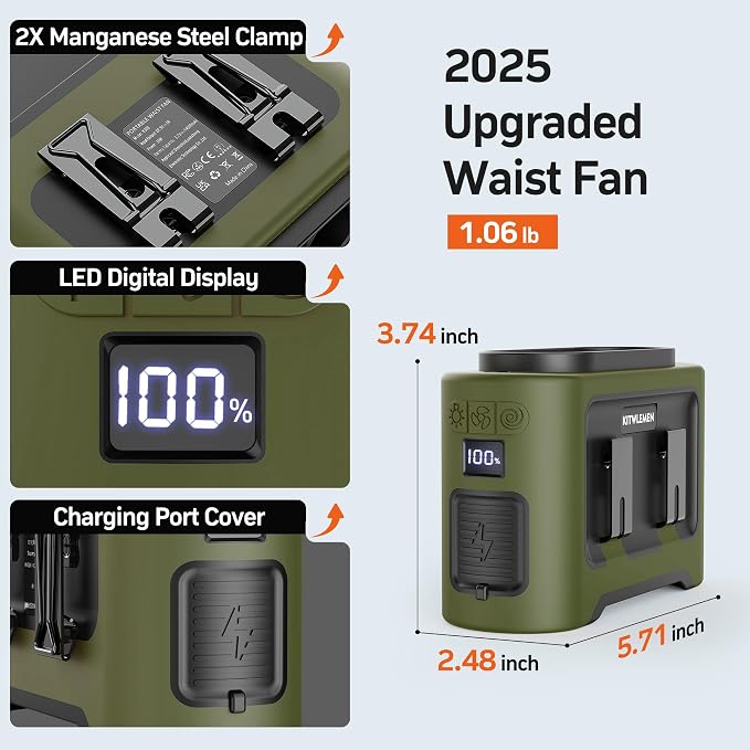 14500mAh Portable Waist Fan Clip On Belt- Rechargeable Battery Operated,Max 40H Cooling,5 Speed 14600RPM,Dual Air Vent, Hands-free Shirt Neck Fan With Light for Outdoor Jobsite Camping Traveling