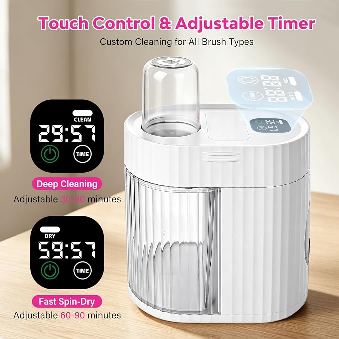 Electric Makeup Brush Cleaner Machine, 3-IN-1 Automatic Cleaning & Fast Drying, 1200RPM High-speed Spinning, Adjustable Timer, LED Display, 7 Slots for All Brush Sizes, USB Powered, Pure White
