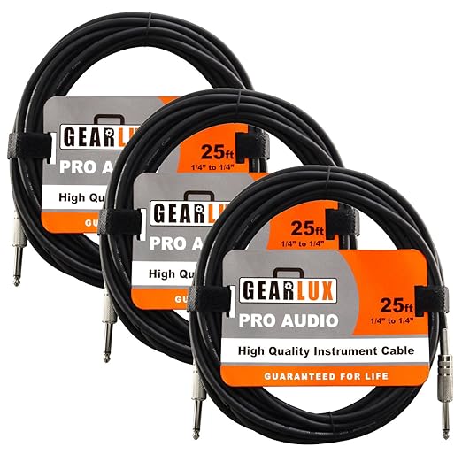 Gearlux Instrument Cable/Guitar Cable, 1/4 Inch, Straight to Straight, Black, 25 Feet - 3 Pack