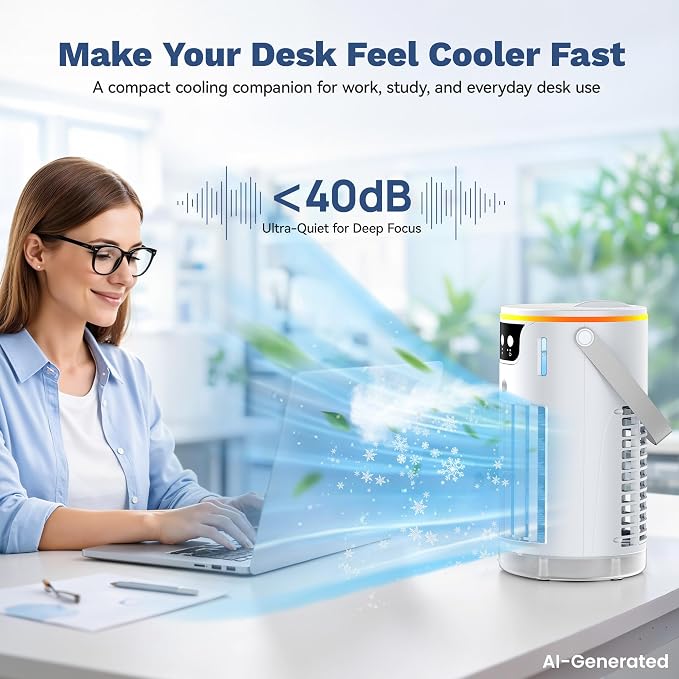Portable Air Conditioners Desktop AC Unit with Water Ice Cooling Mist, Personal Evaporative Air Cooler Fan Mini Swamp Cooler for Bedroom, Nightstand, Office, Dorm, RV (White)