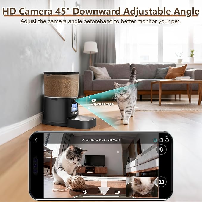 Automatic Cat Feeder with Camera, 5G WiFi Smart Pet Feeder with 2-Way Video/Audio, 45° Adjustable Angle, Night Vision, 5L Cat Food Dispenser for Cats & Small Dogs with APP Control for Vacation & Work