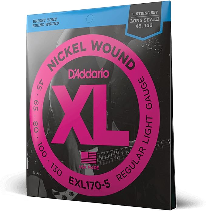 D'Addario Electric Bass Guitar Strings, XL Nickel, EXL170-5, Regular Light Gauge 45-130, Long Scale, 5-String Set, Pack of 1
