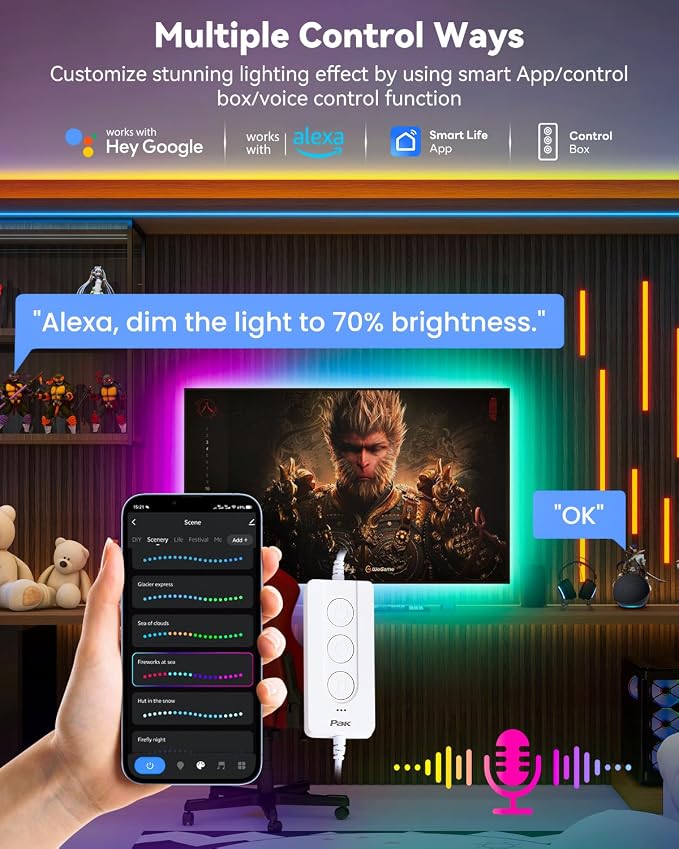 Pak LED Lights for Bedroom 6.6ft, Smart RGB+IC LED Strip Lights with App, Music Sync Color Changing Flexible LED Lights with 64 Scene Modes for Party, Home, Christmas, Halloween Decor