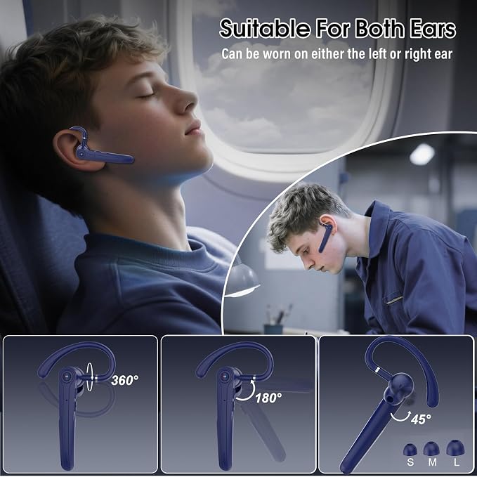 Atheewon Bluetooth Headset, Wireless Bluetooth Earpiece (Blue) | ENC Noise Canceling Mic, 120Hrs, LED Display, IPX7, V5.4 Hand-Free Earphone for Business/Trucker/Driver
