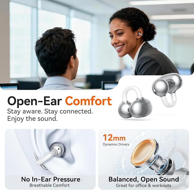 Kinglucky 2-in-1 Wireless Earbuds, in-Ear & Open Ear Clip-On Earbuds Comfortable fit, Bluetooth Headphones 5.4 with Noise Cancelling Mic, Power Swap Charging, Up to 50H, White