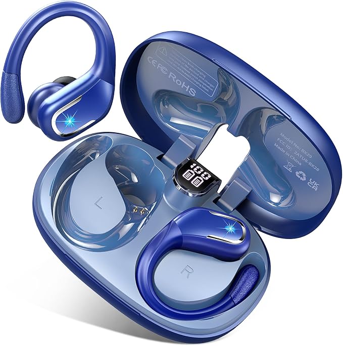 Ltinist Wireless Earbuds, 75hrs Bluetooth 5.4 Headphone Sport, Bluetooth Earbuds Deep Bass Over Ear Buds with Earhooks, ENC Noise Cancelling Earphone Mic, IP7 Waterproof for Workout/Running/Gym Blue