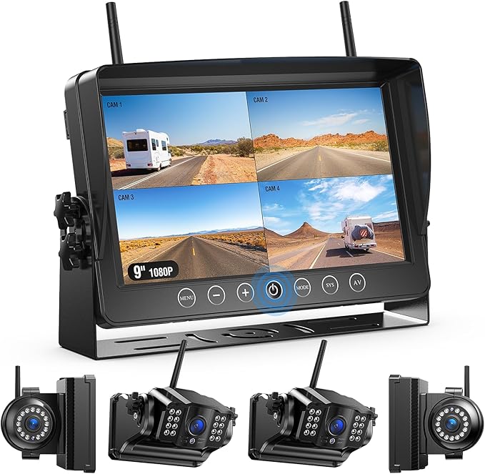 Fookoo HD 1080P 9" Magnetic Wireless Backup Camera,9" IPS Monitor, Rechargeable 2 Side View 2 Rear View Cameras, 1-Min Easy Install, Long Battery Life No Drilling IR Light for RV Truck Trailer DCX904