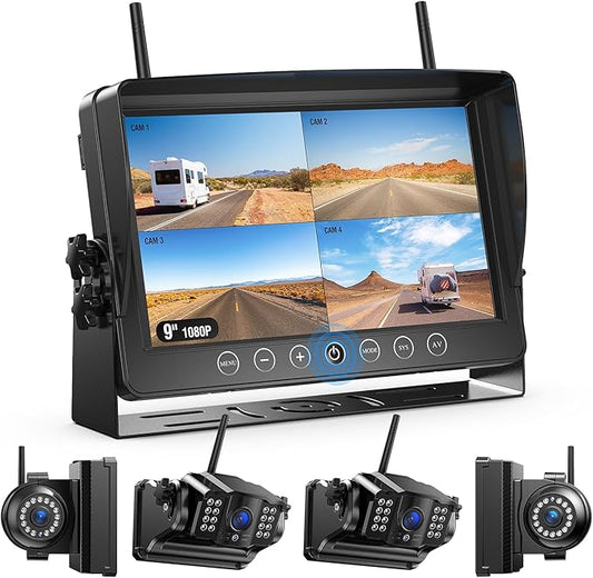 Fookoo HD 1080P 9" Magnetic Wireless Backup Camera,9" IPS Monitor, Rechargeable 2 Side View 2 Rear View Cameras, 1-Min Easy Install, Long Battery Life No Drilling IR Light for RV Truck Trailer DCX904