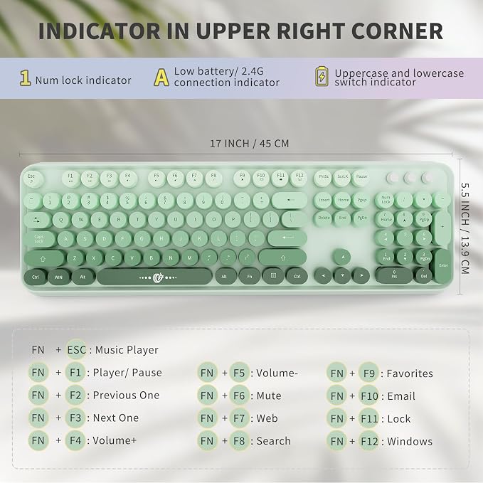 Wireless Keyboard and Mouse | Cute Colorful Keyboard and Mouse with 2.4GHz Cordless Retro Typewriter Keyboard | Auto-Sleep | USB Receiver for Windows PC/Laptop - Green Gradient