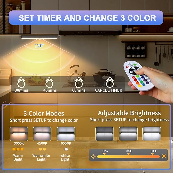 Under Cabinet Lights with Remote Control,15 Colors Under Cabinet Lighting Wireless,Rechargeable Battery LED RGB Night Light Bar withTimer,Dimmable Under Counter Lights for Indoor Kitchen,3Pack
