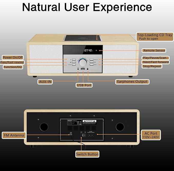 Nostalgic Bluetooth Stereo System for Home, WISCENT Vintage Micro HiFi Systems CD Player,with Bluetooth Audio Streaming,FM Radio,USB Port,Aux-in,Earphone Port (Wood Color)