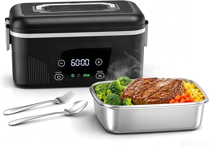 SOHIDA Cordless Heated Lunch Box: 1.4L Electric Lunch Box With Battery Powered, Custom Heating Time and Preset Heating Function for Adult - Portable Food Warmer for Office, Travel, Outdoor