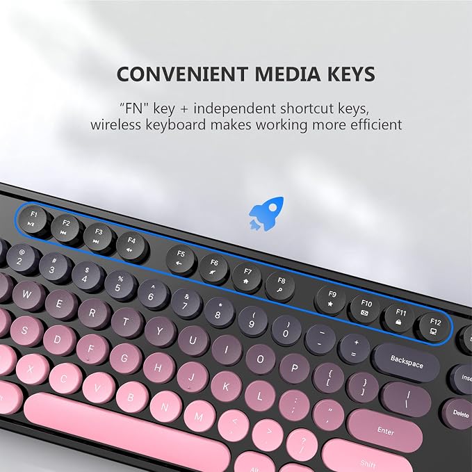 MOFII Wireless Keyboard and Mouse Combo, 2.4 GHz Full-Size Retro Round Keyboard and Mouse, Plug and Play, 8 Multimedia & Shortcut Keys for Mac, Windows, Laptop/Desktop/PC - Pink Gradient