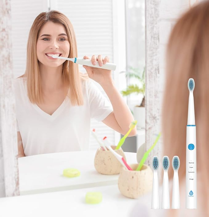 Pursonic Sonic Technology Electric Toothbrush for Kids and Adults, 2 Minute Timer Powered Rechargeable Toothbrush, 5 Modes 3 Brush Heads, 30 Days Long Battery Life, Waterproof, White (Pack of 2)