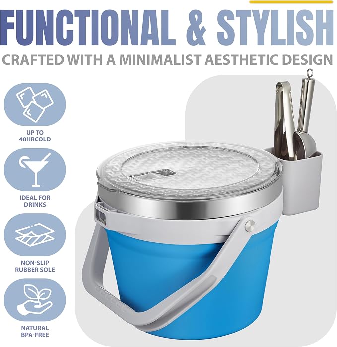 COKTIK 7L Vacuum Insulated Ice Bucket with Lid and Scoop& Tongs，Large capacity Stainless Steel Beverage Bucket for Cocktail, Champagne, Wine, Beer，Large Parties（Blue Suit）