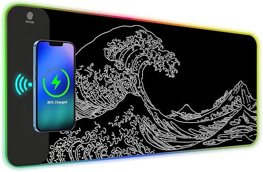 ToLuLu RGB Wireless Charging Gaming Mouse Pad, 7.5/10/15W 10 Light Modes LED Mouse Pad Computer Keyboard Mat Mousepad, 800x300x4MM Extended Large Desk Pad Mat, Japanese Kanagawa Sea Wave Black White