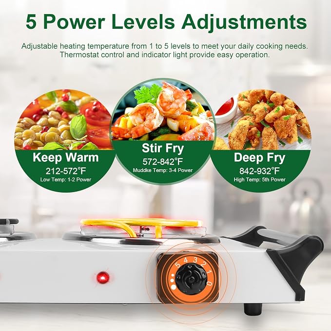 2000W Double Burner Electric, Portable Hot Plate for Cooking, Cooking Stove with 5 Temperature Adjustments, Countertop Burner Cooktop for Kitchen, Dorm