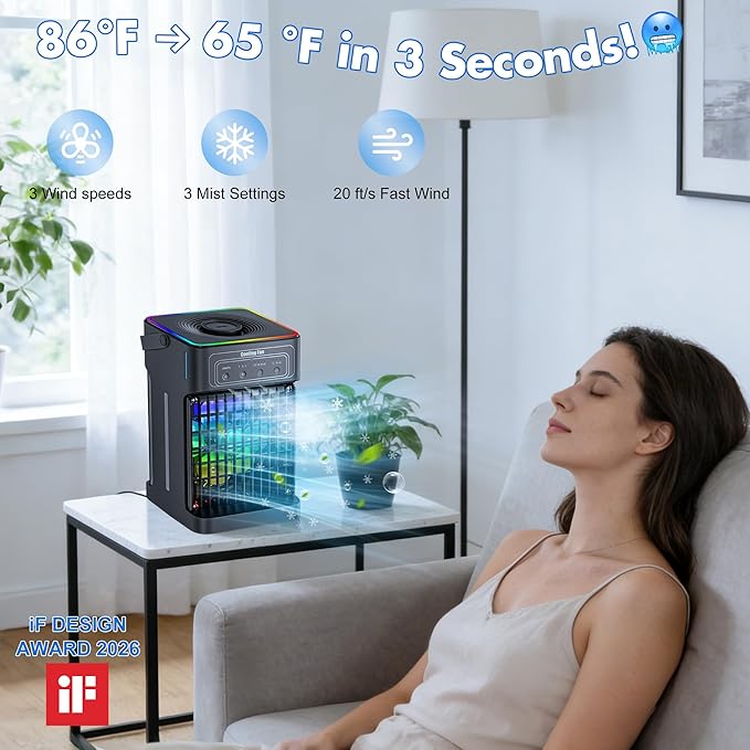 Portable Air Conditioners, 2026 Upgraded 4-IN-1 Quiet Portable AC Unit with Remote, 1100ML Tank Evaporative Air Cooler, 7 Color Light Personal Mini Air Conditioner for Bedroom,Office, Camping, Car,RV