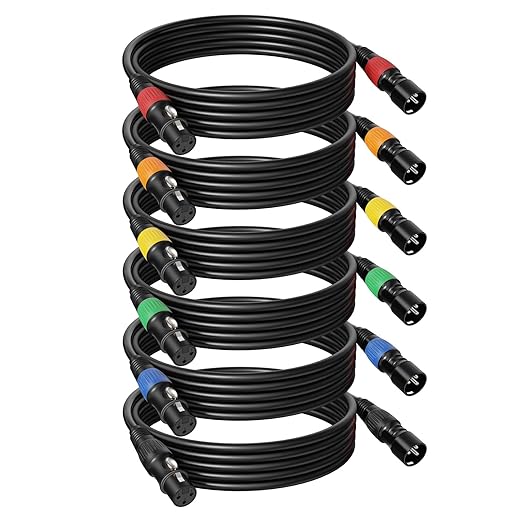 6 Pack 25ft Color-Coded XLR Cables (Male to Female), OFC Microphone Cable for Recording Mixer, Amplifier, Podcast, Stage & Studio Pro Audio Equipment