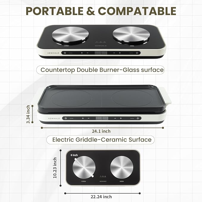 AEWHALE Countertop Double Burners with Removable Griddle Pan Non-stick,1200W+600W Electric Hot Plate with Sensor Touch for Adjustable Temperature/Time