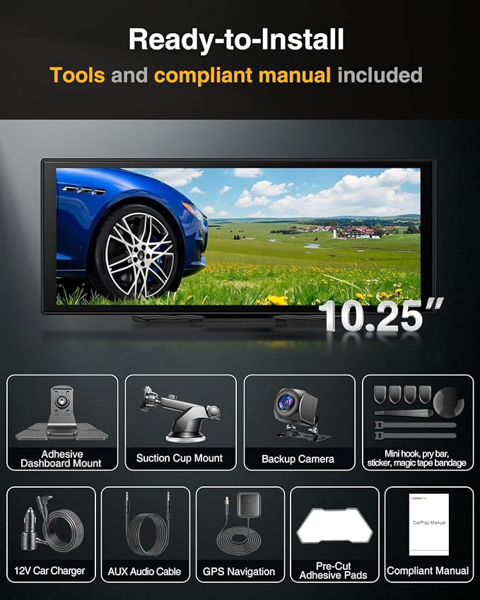 10.25″ CarPlay Screen with Dashcam & Apps, Built-in Google-Play & 6GB+128GB, Portable Android Auto Display 1920x720, Dual 1080P DVR, Wireless Bluetooth, Supports Steering Wheel Controls