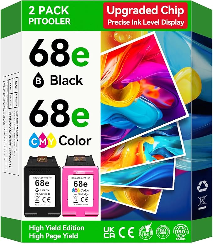 High Yield 68e Ink Cartridge Compatible for HP 68 68e Ink Cartridges Black/Color Combo Pack Compatible for Envy 6155e 6555e 6100e 6500e 6152e 6100 6500 6155 6555 Series Printer (Upgraded Chip 2-Pack)