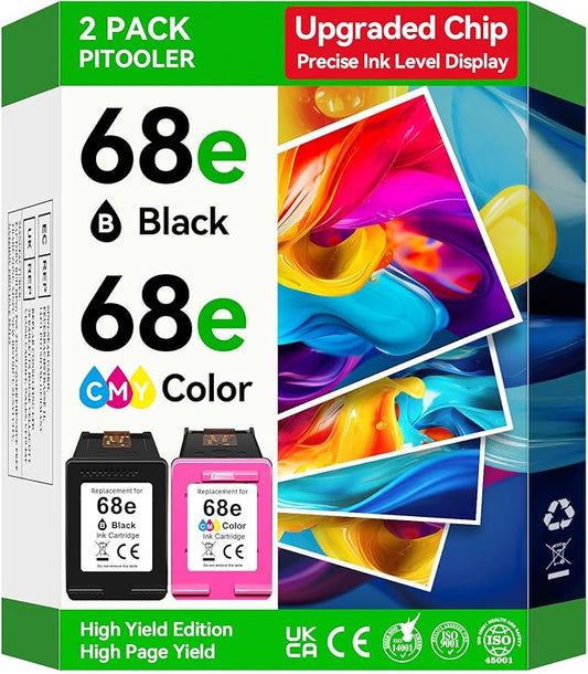 High Yield 68e Ink Cartridge Compatible for HP 68 68e Ink Cartridges Black/Color Combo Pack Compatible for Envy 6155e 6555e 6100e 6500e 6152e 6100 6500 6155 6555 Series Printer (Upgraded Chip 2-Pack)