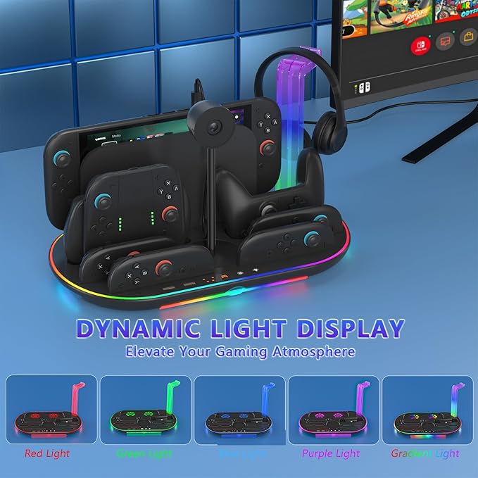 Charging Station for Switch 2 with Cooling Fan DOBEWINGDELOU Controller Charger for JoyCons and Pro Dock Stand with RGB Light 2 USB Ports 7 Game Card Slots LED Indicators