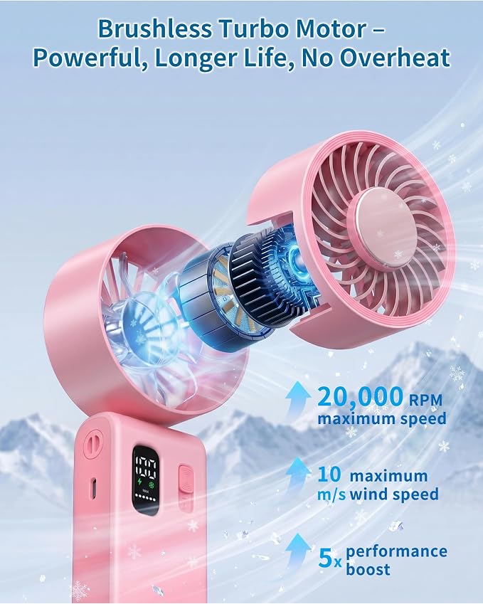 Portable Handheld Fan with Ice Cooling, 100 Speed Rechargeable Mini Desk Fan, Up to 12Hrs Cooling, Powerful Folding Personal Fan for Travel, Camping, Office (Pink)