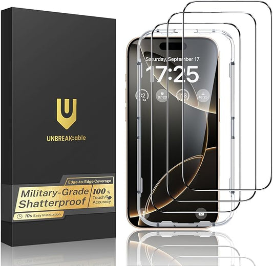 UNBREAKcable for iPhone 16 Pro Screen Protector, 3-Pack Full Coverage Tempered Glass [Military Grade Shatterproof] [9H Hardness] [Easy Installation Frame] [Bubble Free] for iPhone 16 Pro 6.3"