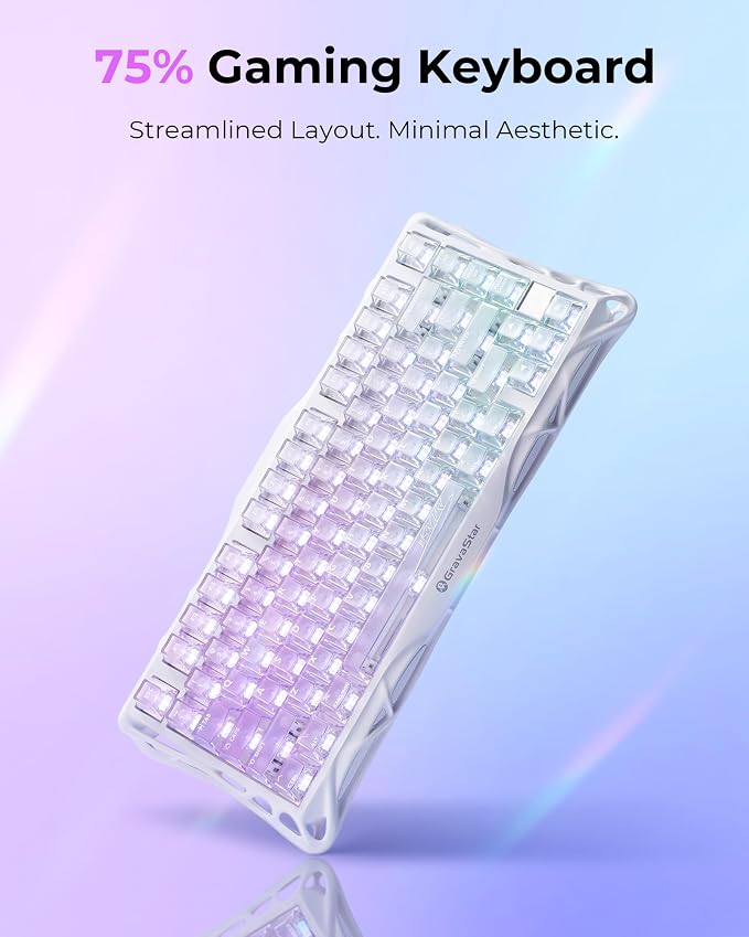 GravaStar Mercury K1 Lite 75% Gaming Keyboard, 2.4GHz/BT/Wired Tri-Mode Wireless Keyboard, Clear Keycaps Gasket Hot Swappable Mechanical Keyboard, Pre-lubed Linear Switches,RGB Backlit【Crystal Aurora】