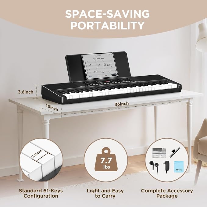 Rhymo 61 Key Keyboard Piano, Electric Piano Keyboard with Touch Response, LED display, Music Stand, 300 Voices, 300 Rhythms, Learning Keyboard Piano for Beginners, Built-in Speakers (Black)