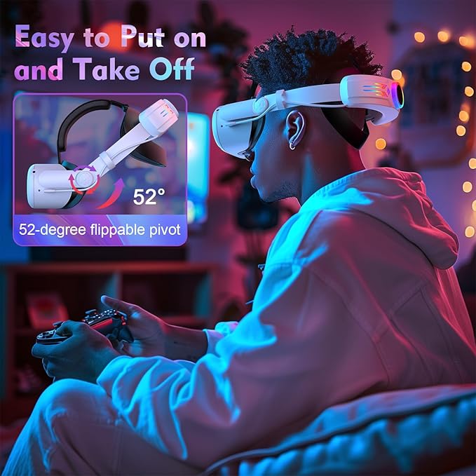 RGB Head Strap with 12000mAh Battery for Oculus Quest 2, Battery Pack for Extended 8 Hrs of Playtime, Fast Charging VR Power, Adjustable Elite Strap Enhanced Support and Balance for Meta Quest 2