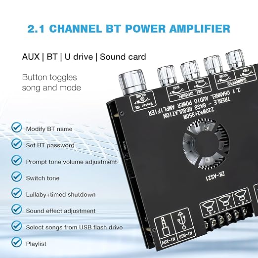 ZK-AS21 TPA3255 Bluetooth 5.1 Power Amplifier Board HiFi 2.1 Channel 220Wx2+350W Digital Audio Receiver AMP Board with Treble and Bass Control for DIY Speakers