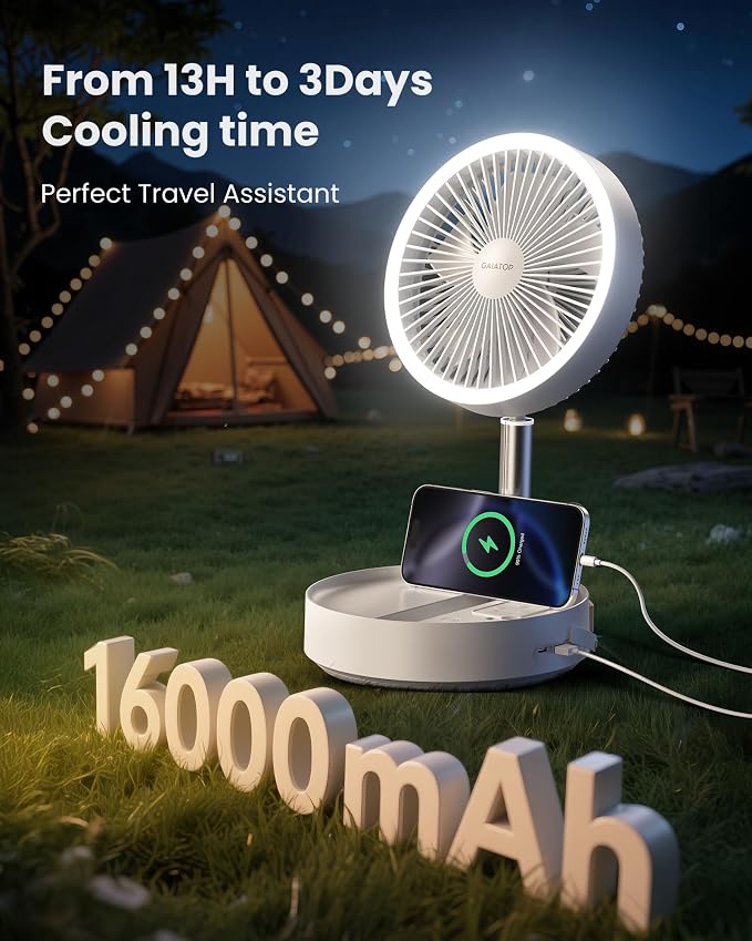 Gaiatop Portable Pedestal Fan 16000mAh Battery [Max 74h Runtime], Foldable Oscillating Standing Fan, Collapsible Desk Fans, LED Light, Case & Remote Control 4 Speeds for Outdoor Travel Camping (White)