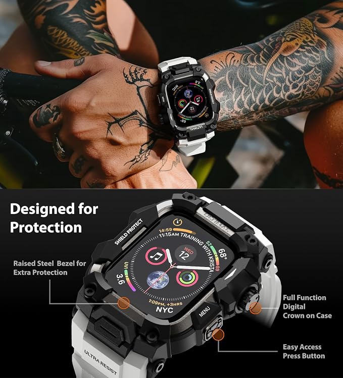 ULTIMAL Rugged Case with Band for Apple Watch 44mm,Compatible with Apple Watch Series SE 3/SE 2/SE Generation/6/5/4, Military Grade Shockproof Bumper Cover for iWatch Tactical Band Men (44mm,white)