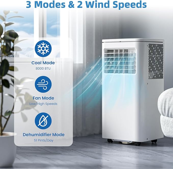Antarctic Star Portable Air Conditioners, 8000 BTU, Portable AC with Cooling, Fan & Dehumidifier, AC Unit with Window Kits, Remote Control/LED Display, Sleep Modes, 24H Timer for Living Room, Bedroom