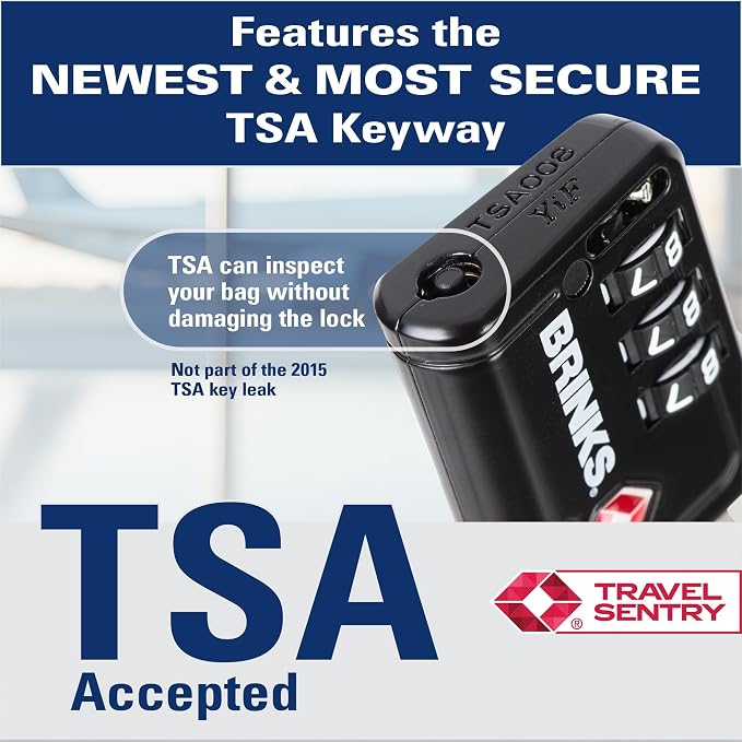 Brinks TSA Accepted Indicator Luggage Lock, Black - Resettable 3-Dial Combination, 2.5 inch Long Cable Shackle, New More Secure TSA008 Key, 4 Pack